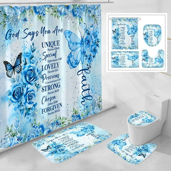 4 Pcs Teal Butterfly Inspirational Quotes Shower Curtain Set with Rugs and Toilet Lid Cover, Colorful Boho Waterproof Fabric Bathroom Set, Bible Verse Floral Bathroom Decor Set Accessories