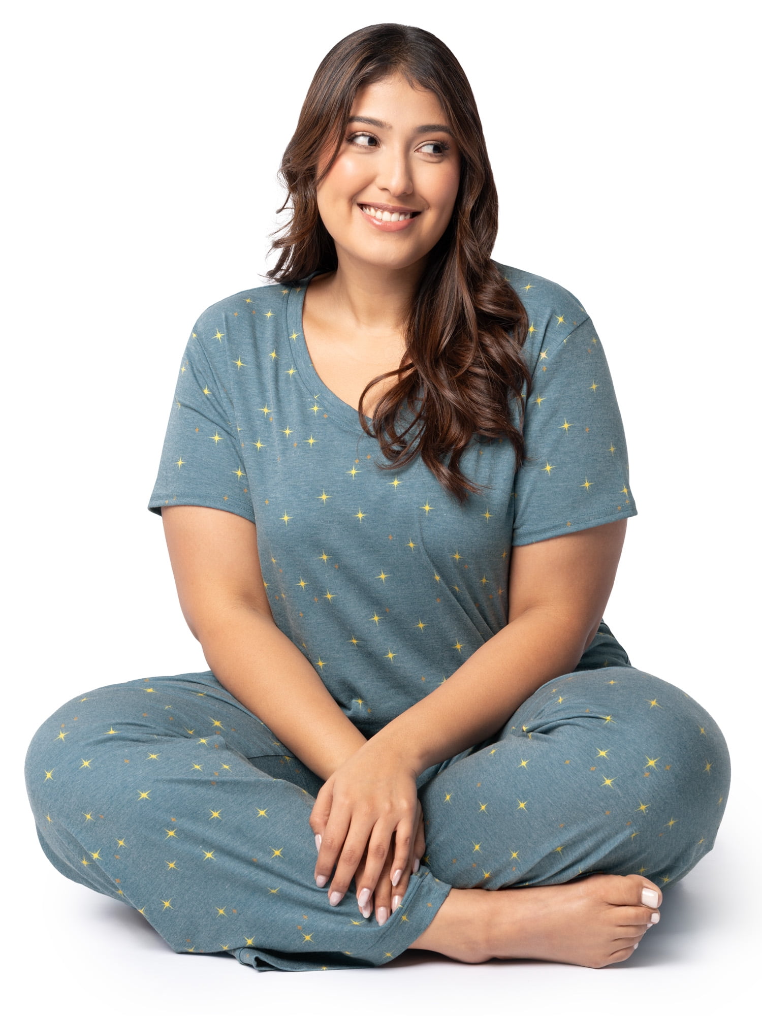 Fruit of the Loom Women's Soft & Breathable V-Neck Short Sleeve Top & Pajama Pant Set, Sizes S-4X