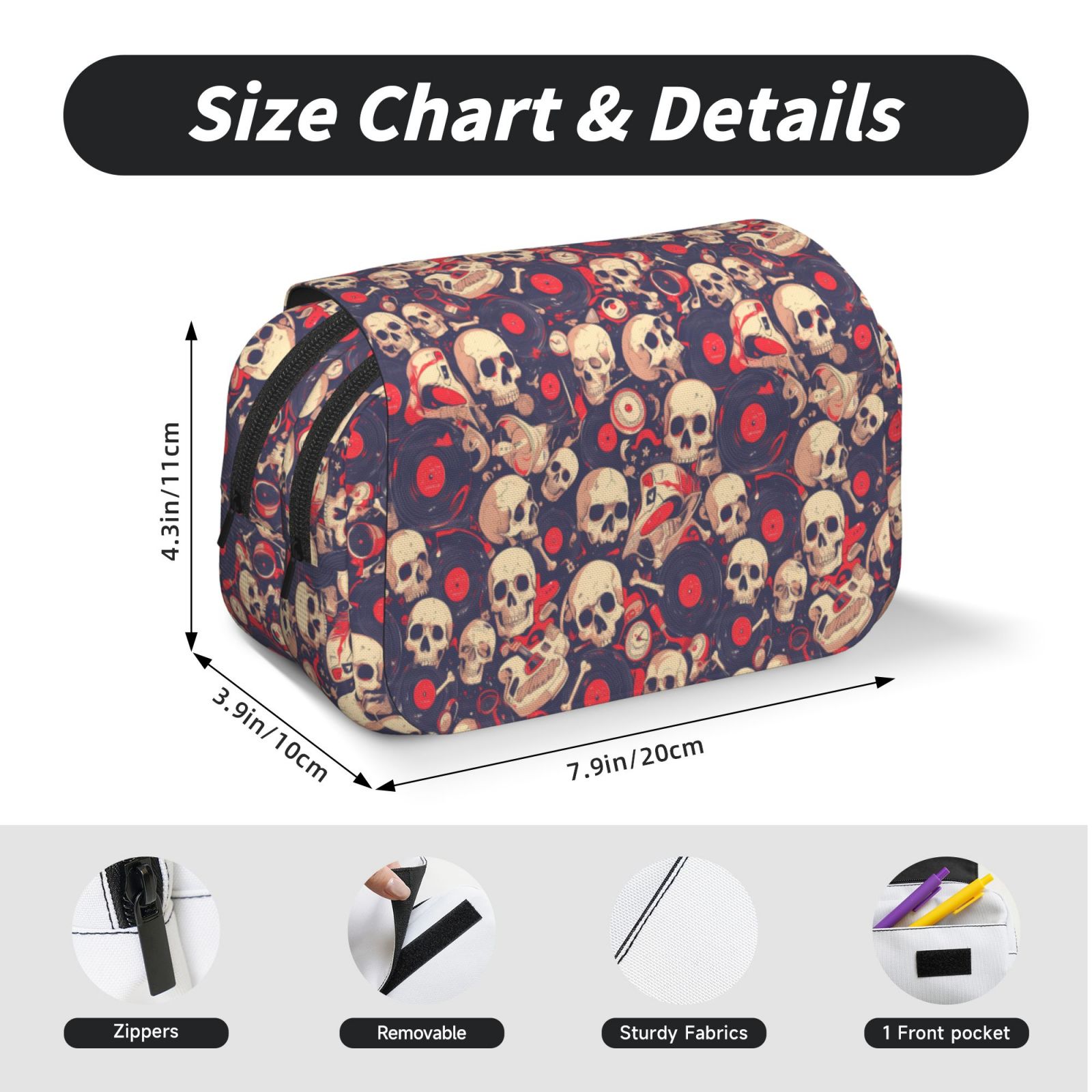 Rateoe Skull rock music record Pattern Double Clamshell Pen Case, Storage Organizer with Two Zipper Compartments– Holds Up to 50 Pencils & Pens