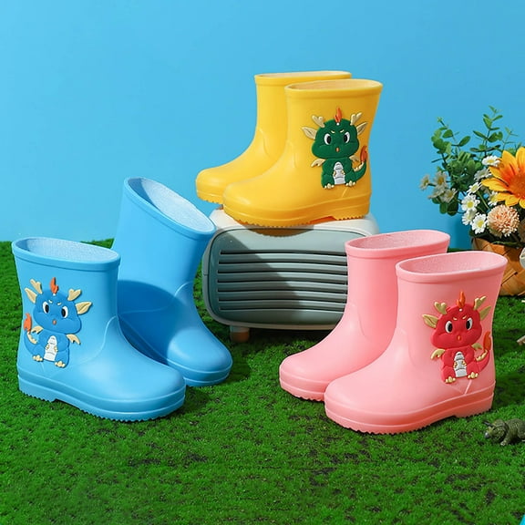 Hpapadks Boys Rain Boots Cute Dinosaur Cartoon Elastic Non Lightweight Water Shoes Primary School Students Wide Calf Waterproof Pink 18-24 m