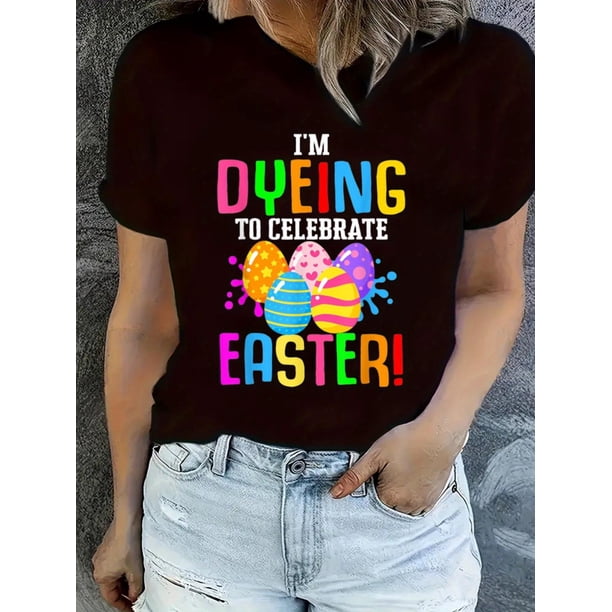 Women's Easter Bunny & Colorful Egg Hunt Graphic T-Shirt - Casual, Short Sleeve, Crew Neck in Dark Brown with Festive Print