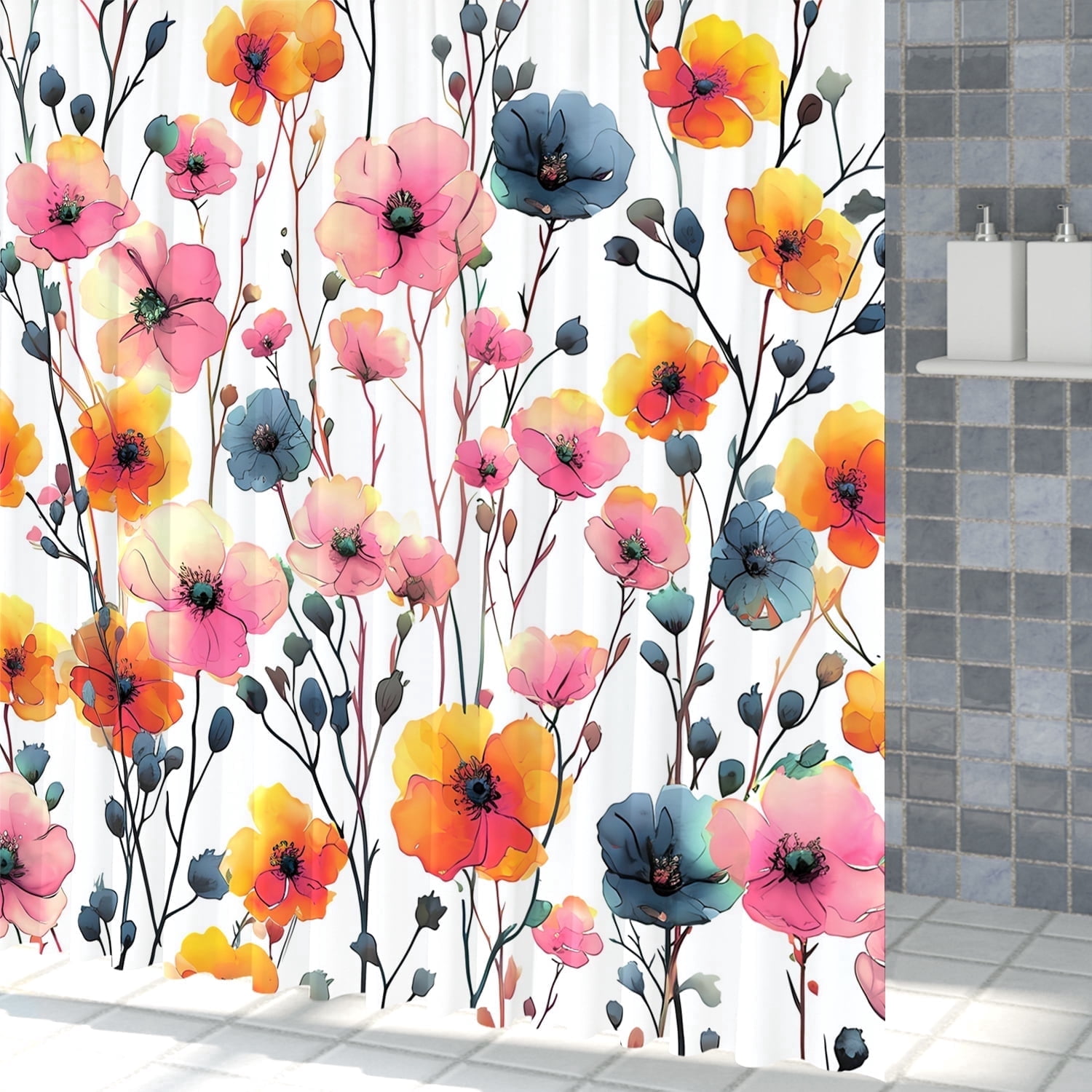 MIZHONA Pink Floral Shower Curtain Spring Watercolor Wildflowers Waterproof Bathroom Decorative 72"X72"