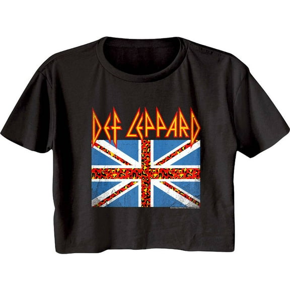 Def Leppard Rock Band Leopard Union Jack Flag Ladies Short Sleeve Festival Cali Crop Top T-Shirt Graphic Tee