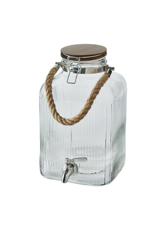 Better Homes & Gardens 2 Gallon Ribbed  Clear Glass Beverage Dispenser with Acacia Wooden Lid