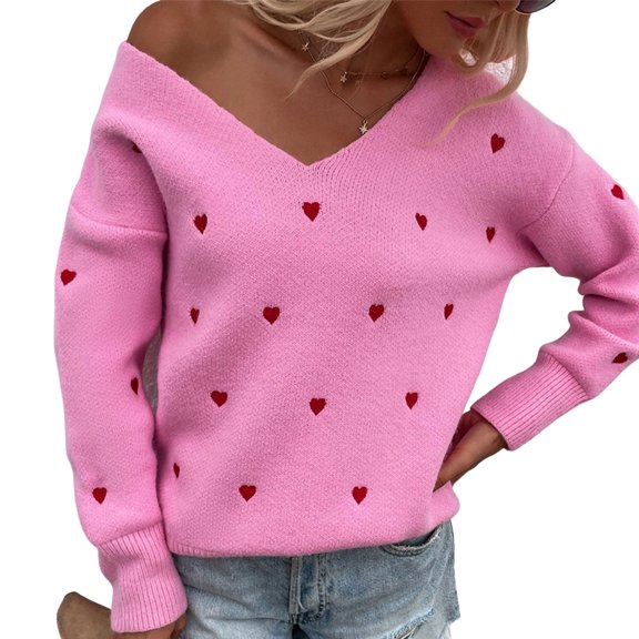 comerut V-Neck Long Sleeve Ribbed Trim Thickened Warm Knitted Sweater Autumn Winter Embroidery Heart Print Sweater Jumper Female Clothing