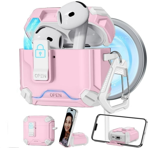 AirPods 4 Case,【Built-in Invisible Bracket】 Secure Lock Case [Compatible with MagSafe] for AirPods 4th Generation 2024 wiht Cleaning Kit,Auto-Open,Military Grade Protective