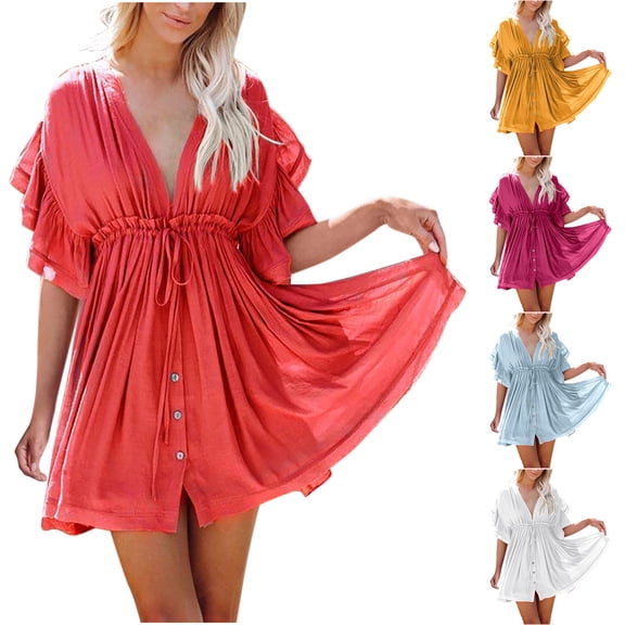 Sentmoon Midi Dresses for Women Regular Fit Short Sleeve V Neck 2026 Cocktail Dresses Backless Summer Dresses for Women Delightful for Work and Weekend Yellow Free Size