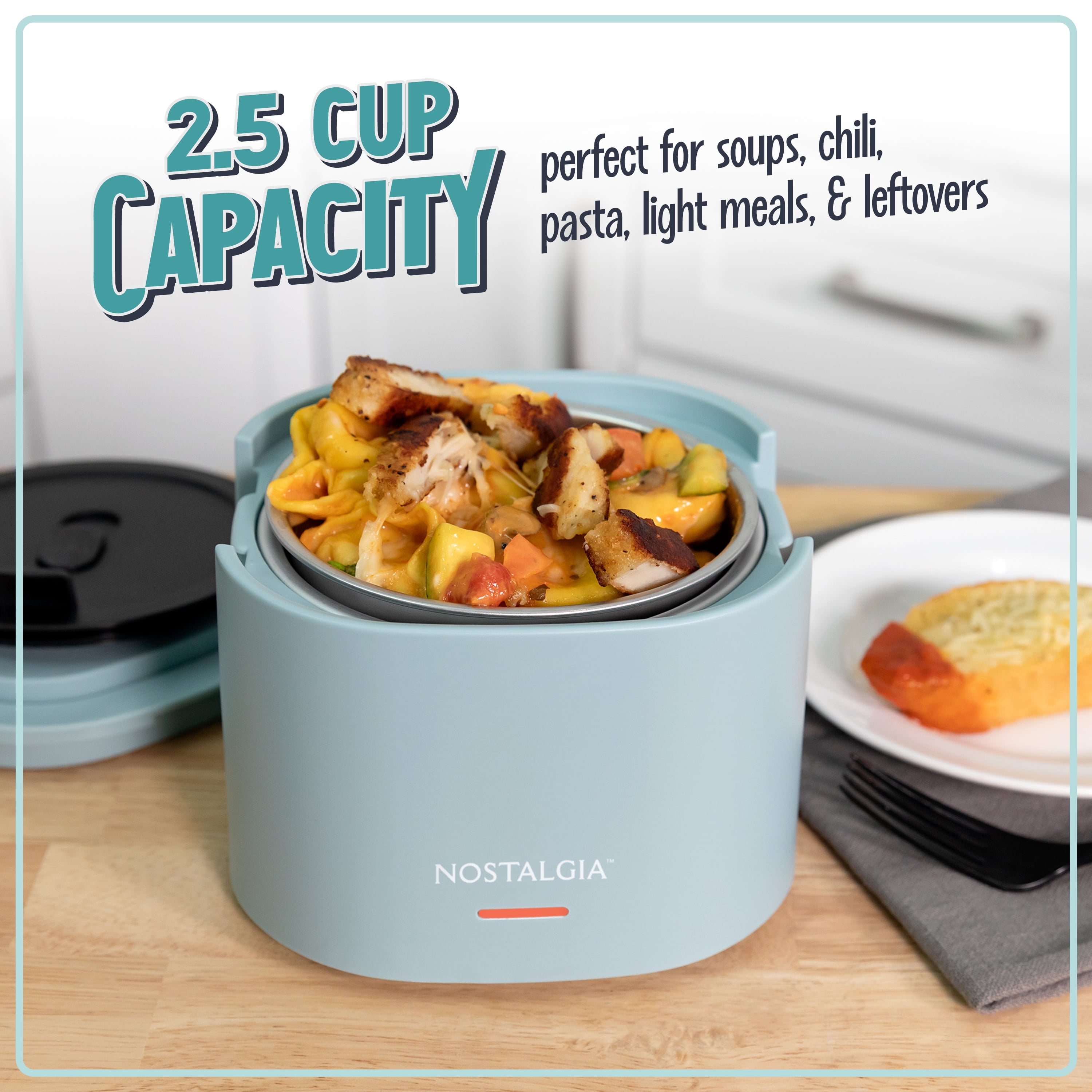 Nostalgia 20 oz Portable Heated Lunch Box with Stainless Steel Lunch Container, Chambray