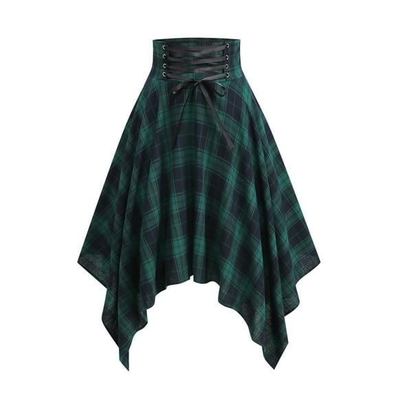 Blmnix Asymmetrical Women's Skirts Plaid Skirts High Waisted Under Dresses Mid-Length Green Burgundy Skirt for Women,L