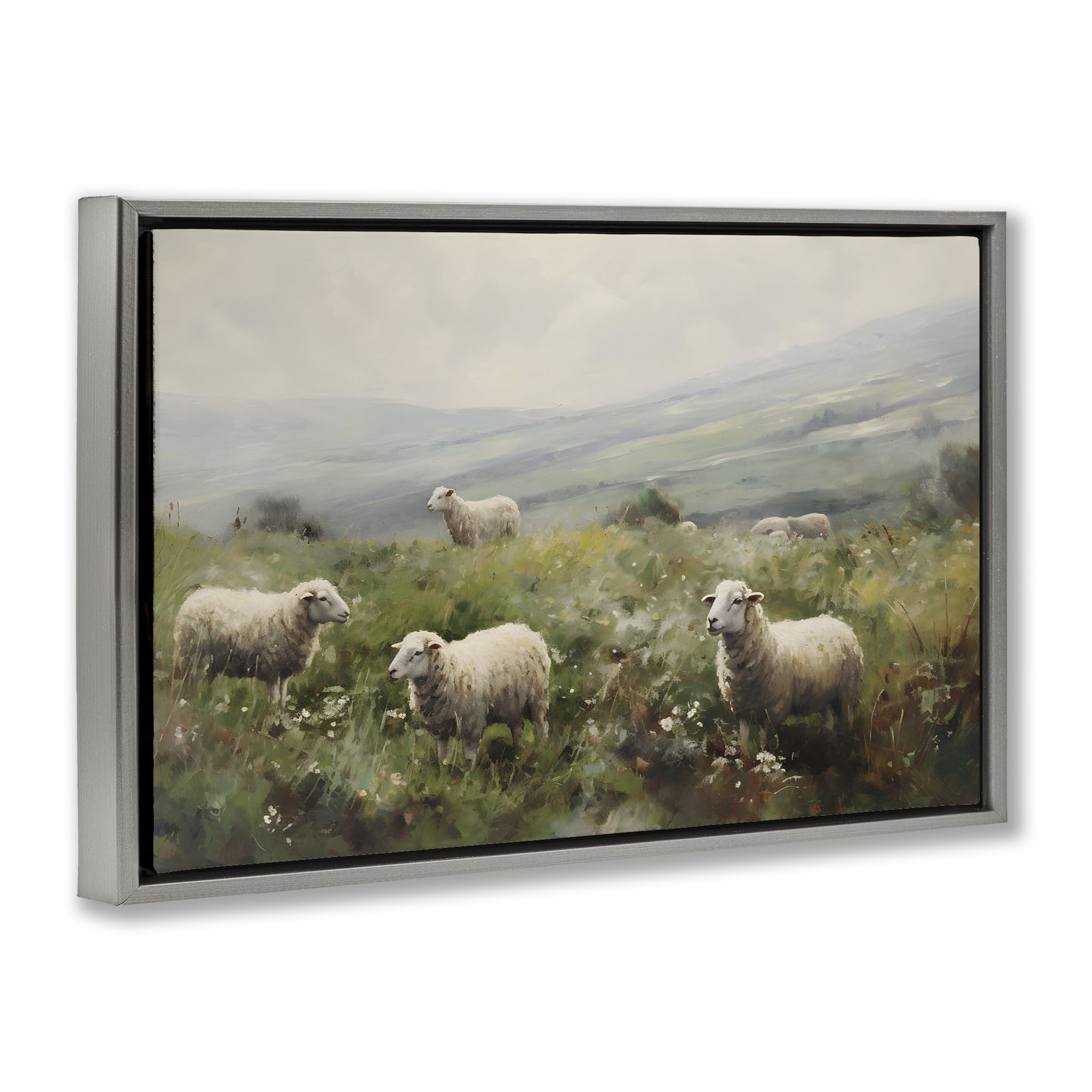 Stupell Industries Misty Sheep Pasture Landscape & Nature Painting Gray Floater Framed Canvas Art Print Wall Art, 31 x 21