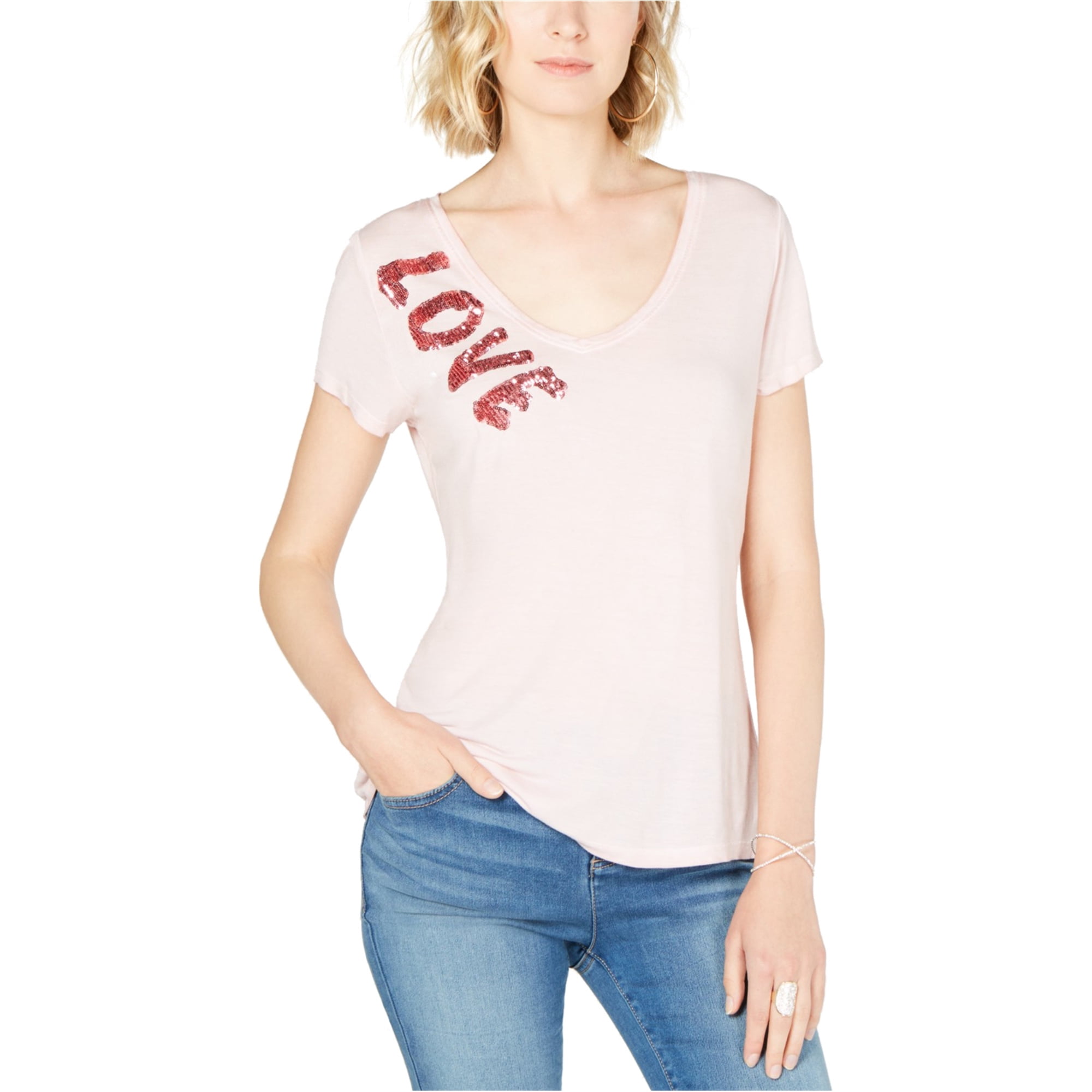 INC T-Shirt Orné Love pour Femmes, Rose, Petit