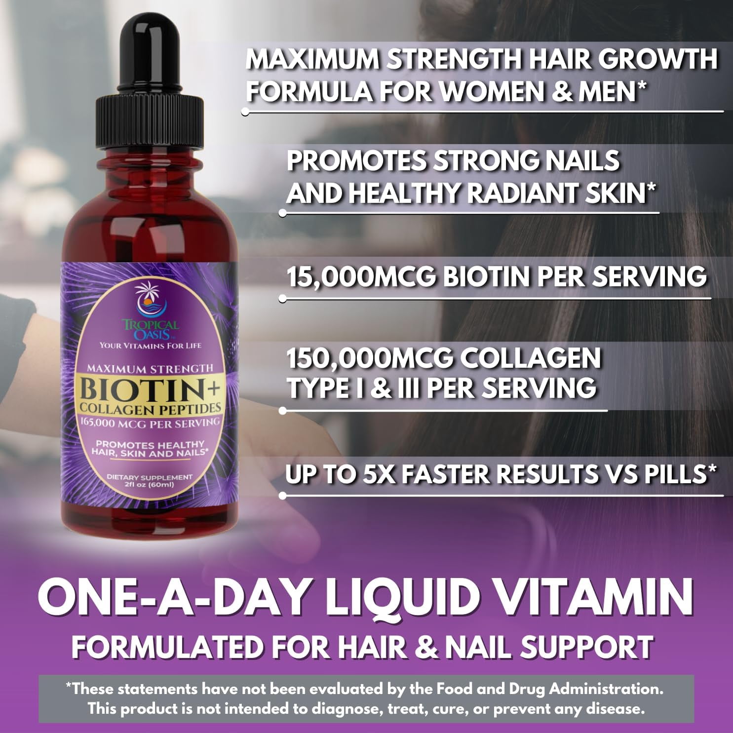 Tropical Oasis Maximum Strength Biotin plus Collagen Peptide Drops, Vitamin Supplement for Hair, Skin, Nails, Tropical Sour Raspberry, 2 fl oz, 60 Servings