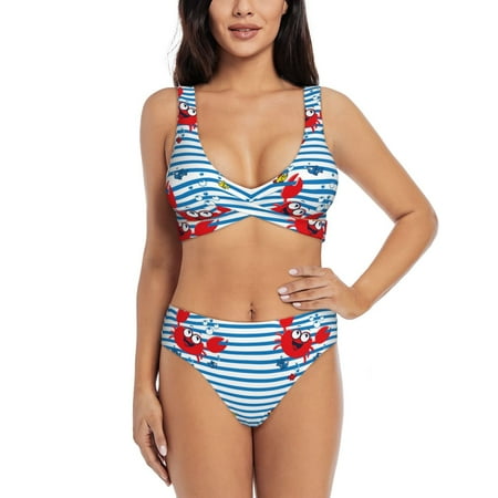 Balery Red Funny Crab on Blue Stripe Women s Bikini Set - Sexy Two Piece Swimsuit with Adjustable Straps and High Waisted Bottoms-Large