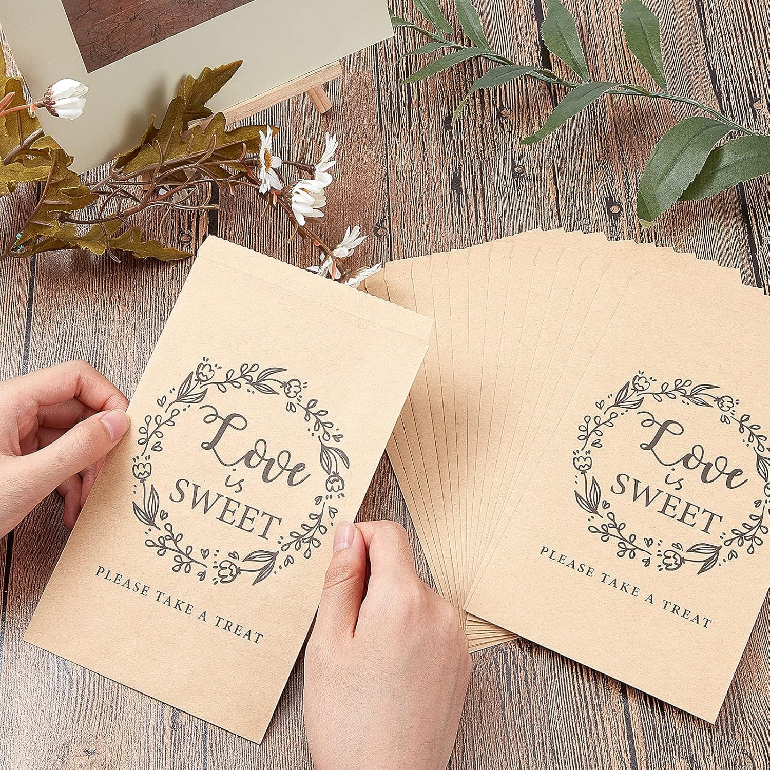PH PandaHall 100pcs Paper Bags 4.5x7.5 Kraft Paper Treat Bags Small Flat Paper Favor Bag For Valentine Wedding Party Gift Candy Bar Baptism Card Small Business, Brown, Love Is Sweet
