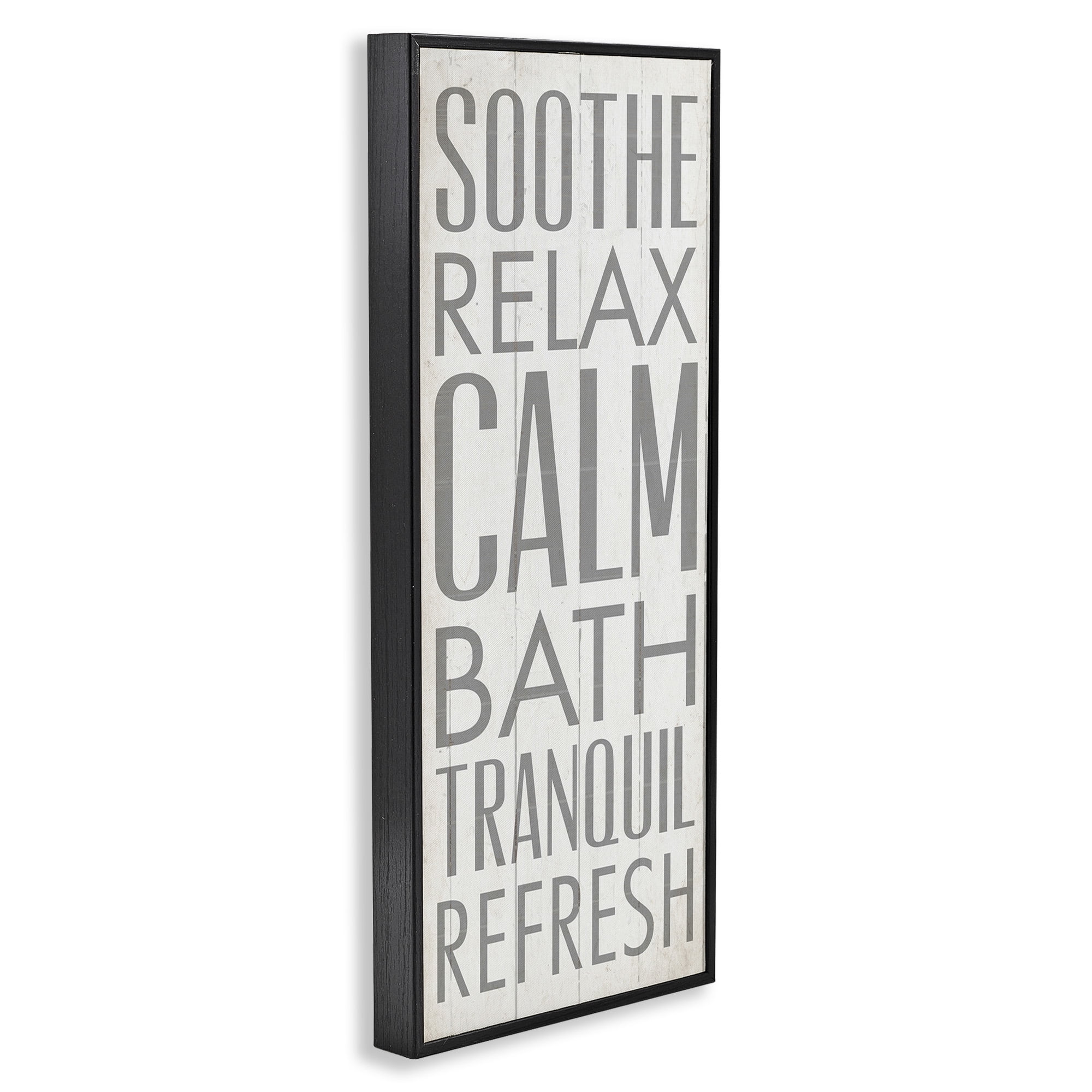 Stupell Industries Soothe Calm Relax Bath Bathroom Typography Painting Black Framed Art Print Wall Art, 13 x 30