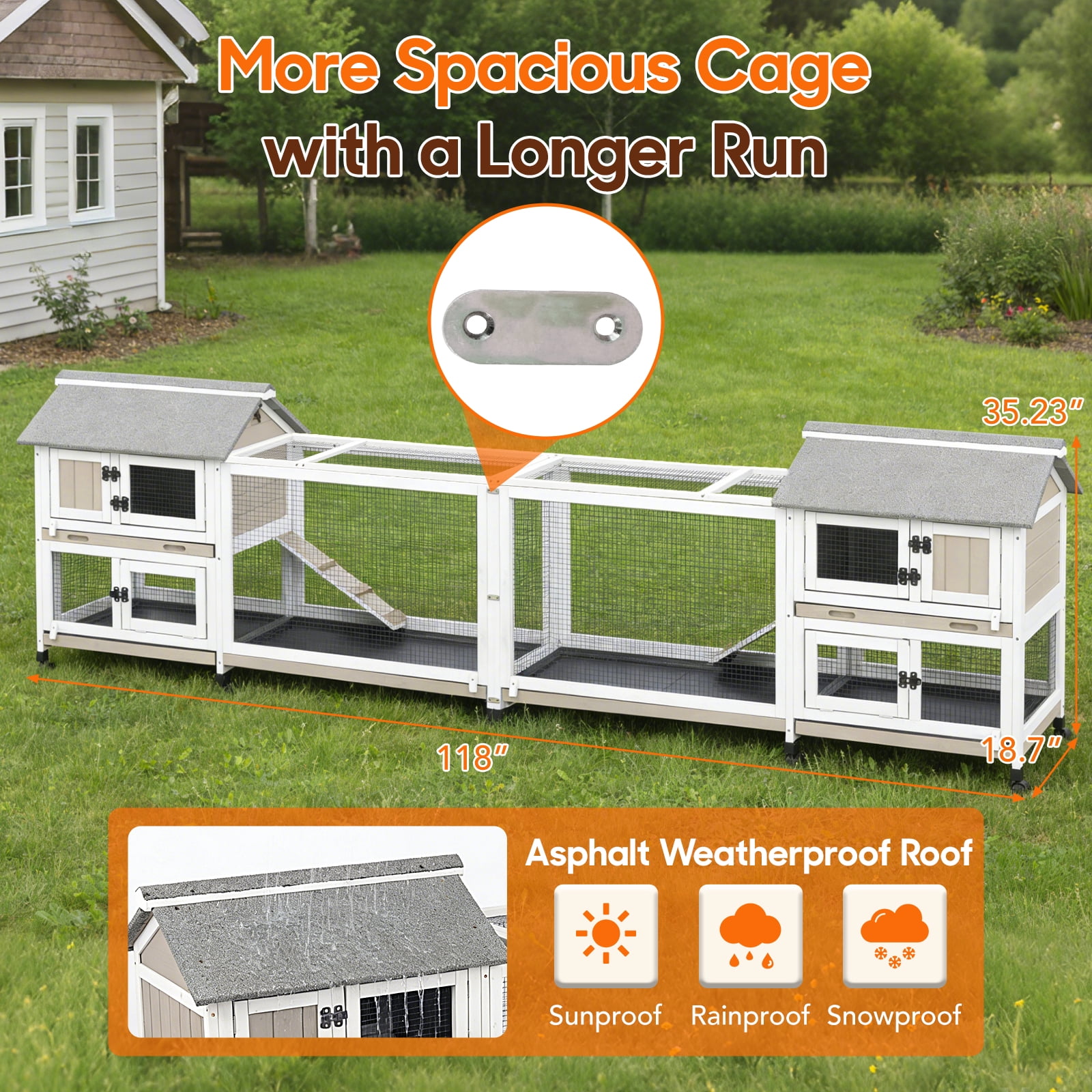 59" Large Rabbit Hutch Outdoor Wooden Bunny Cage with 3 Deep Trays, 5 Access Doors & Openable Roof, Expandable Guinea Pig Cage, Waterproof