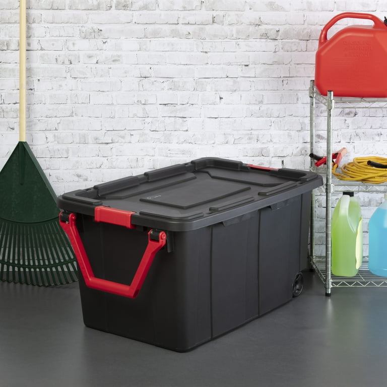 45 Gal. Latch and Stack Tote with Wheels in Black with Red Lid