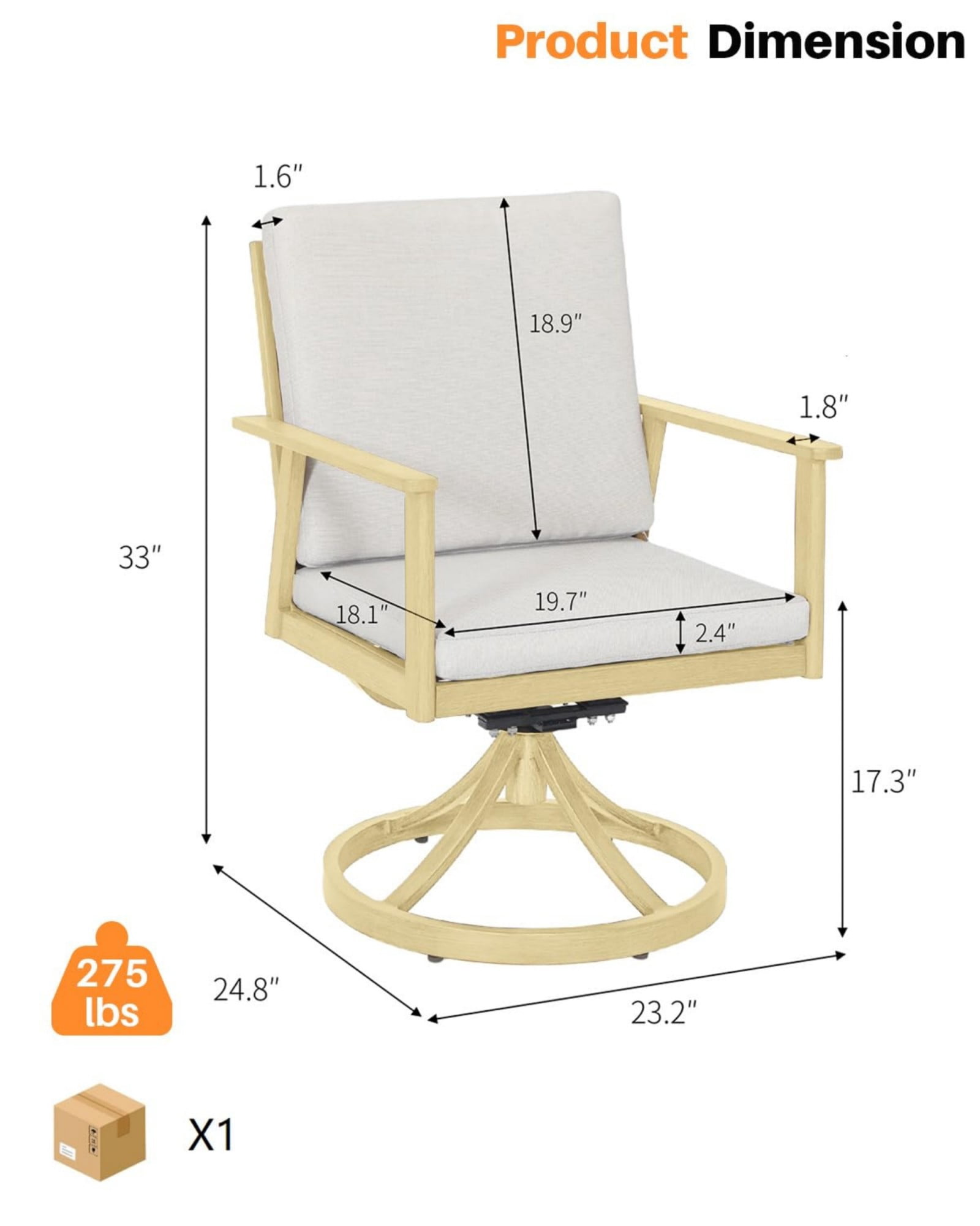 Swivel Outdoor Dining Chairs Set of 2, Aluminum Patio Dining Chairs with 360° Swivel, Thick Cushions, All Weather Rustproof Chairs for Patio, Garden, Balcony, Poolside, Natural