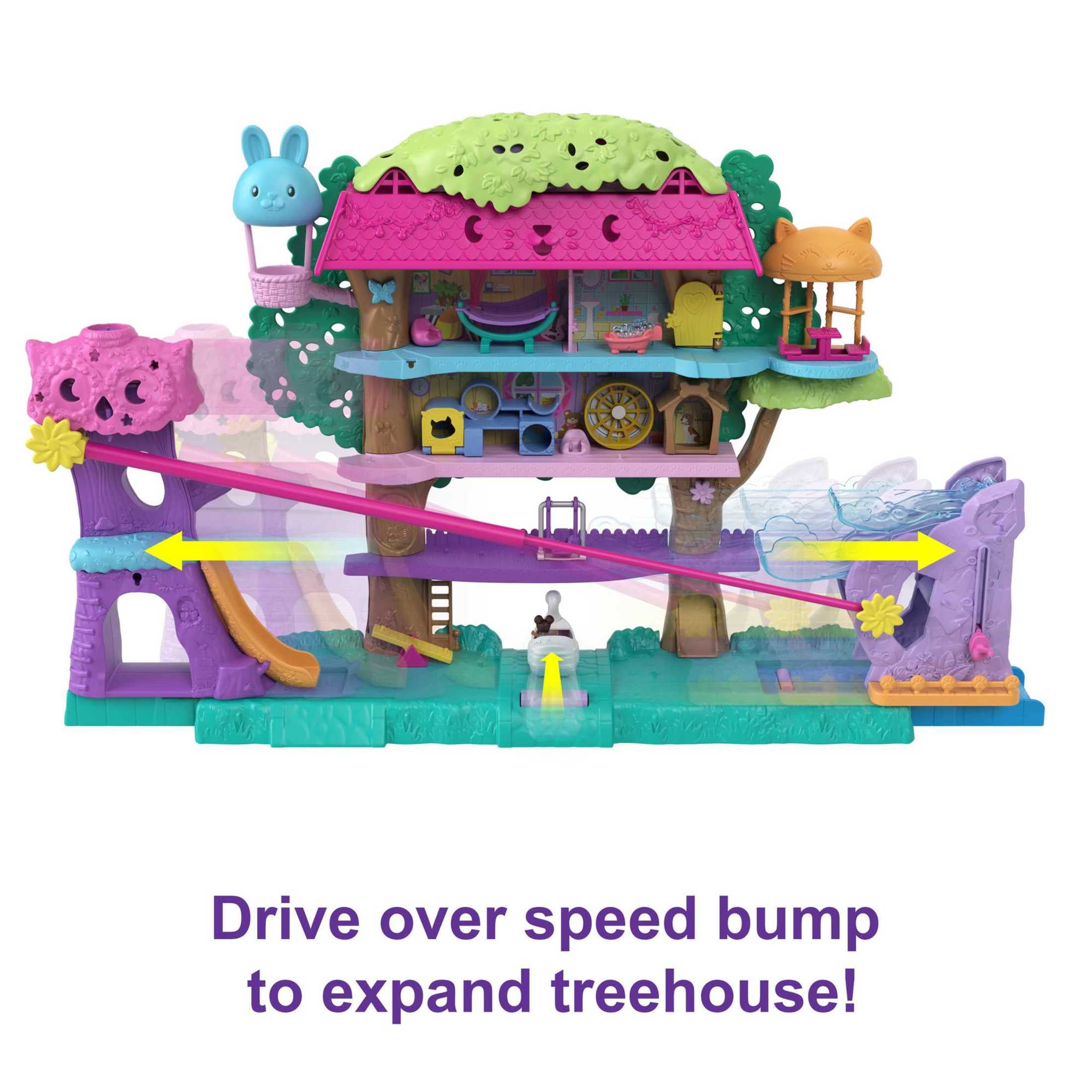 Polly Pocket Pet Adventure Treehouse Playset, Doll House with 2 Micro Dolls, Toy Car & 15+ Accessories
