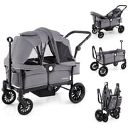 Babyjoy Wagon Stroller for 2 Kids Push Pull Double Stroller with Adjustable Handle Gray