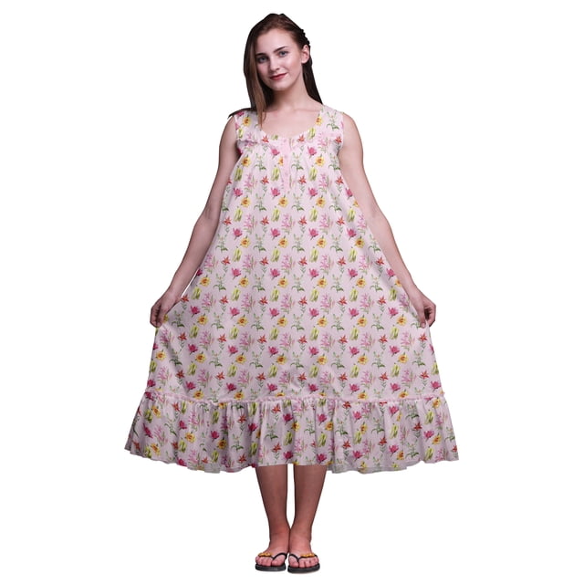 Bimba Rose Cochon3 Floral Lys et Lotus Mi-Mollet Vêtement de Nuit Femme Coton Imprimé Sans Manches Robe de Nuit Maxi Robe XX-Grand