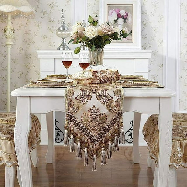 Nvzi Vintage Luxury Jacquard Damask Floral Table Runners Tea Table Decoration with Multi-Tassels 13"x77" Beige