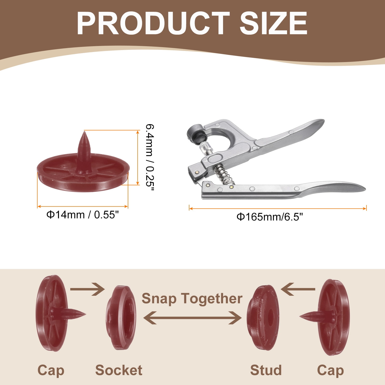 Uxcell Plastic Snaps Fasteners with Snap Pliers, 100 Set T8 Round Resin No-Sew Button Snap Fasteners Kit Brown