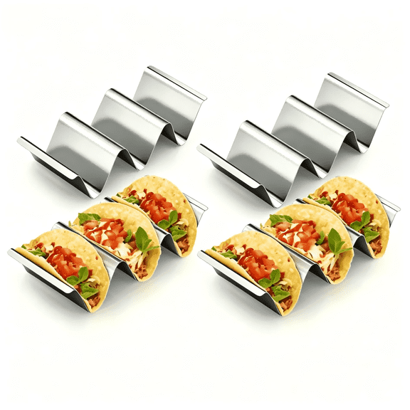 Stainless Steel Taco Holder Stand Set of 4 Stylish Rack Holds Up to 3 Tacos Each Keeping Shells Upright Oven Grill and Dishwasher Safe