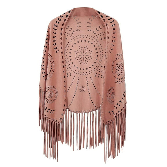 SUXIAN Elegant Women's Loose Suede Fringes Open Cape Poncho Scarf with Punch Pattern for Graceful Pink One Size