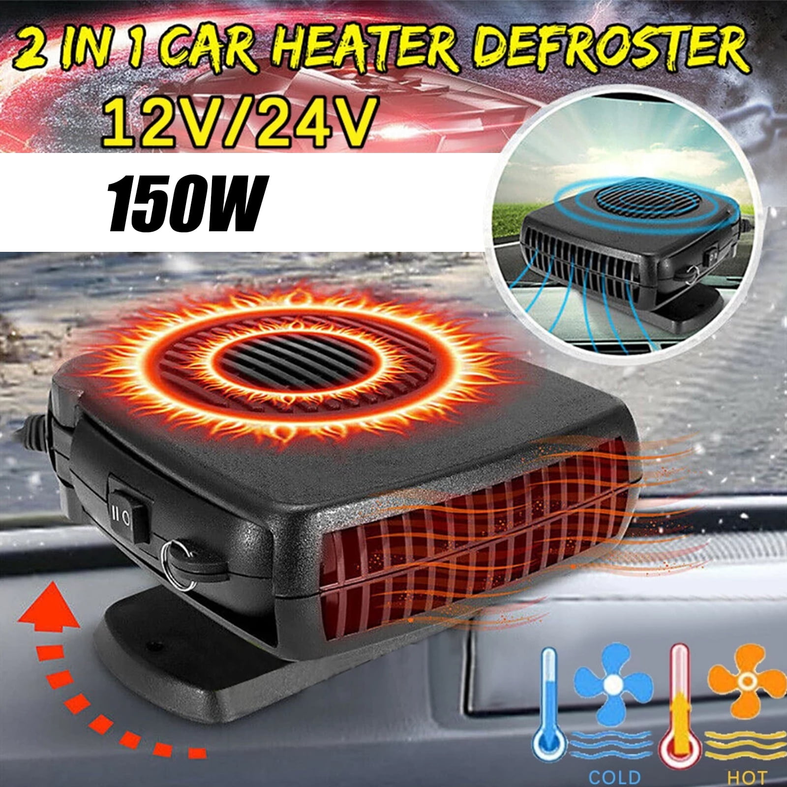 Portable Car Defroster Heater Low Noise 12V 150W Fast Heating Quickly Defrost Defogger Demister Car Winter Windscreen Window Heater Cooling Fan with 360 Degree Rotating Base 