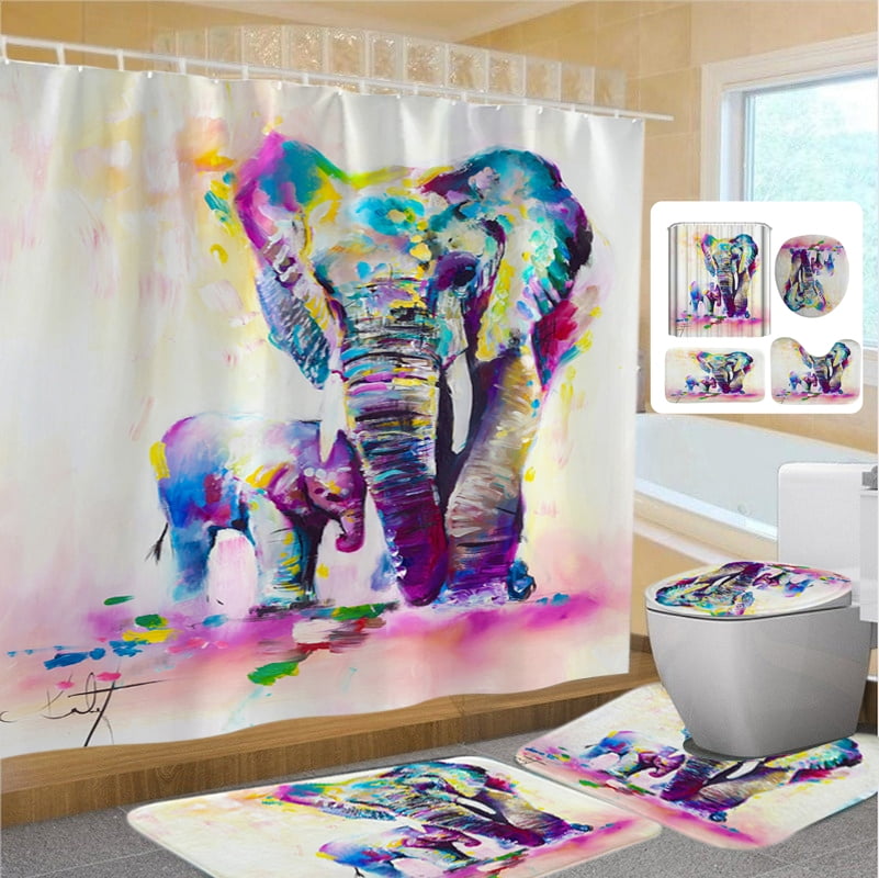 Elephant Shower Curtain Bathroom Decor Waterproof Fabric & 12Hooks 71*71inch 