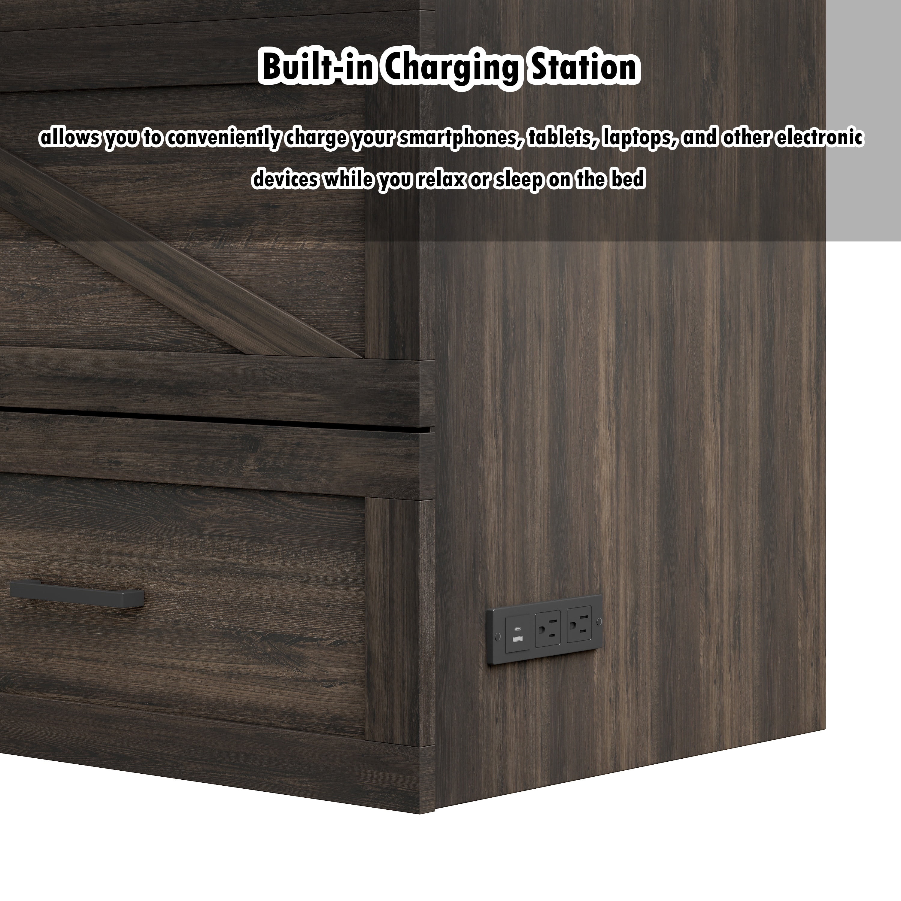 Bellemave Full Size Farmhouse Murphy Bed Frame with Charging Station and Storage Drawer Foldable Cabinet Platform Bed for Guest Room or Home Office (Full Size, Rustic Gray)