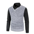 thumbnail image 2 of UVEASISHA Mens Pullover Knit Sweater Fake Two Piece Casual Knitted Shirts Lapel Fashion Button Up Lapel Striped Long Sleeve Sweater Jumper Tops Dark Gray M, 2 of 6