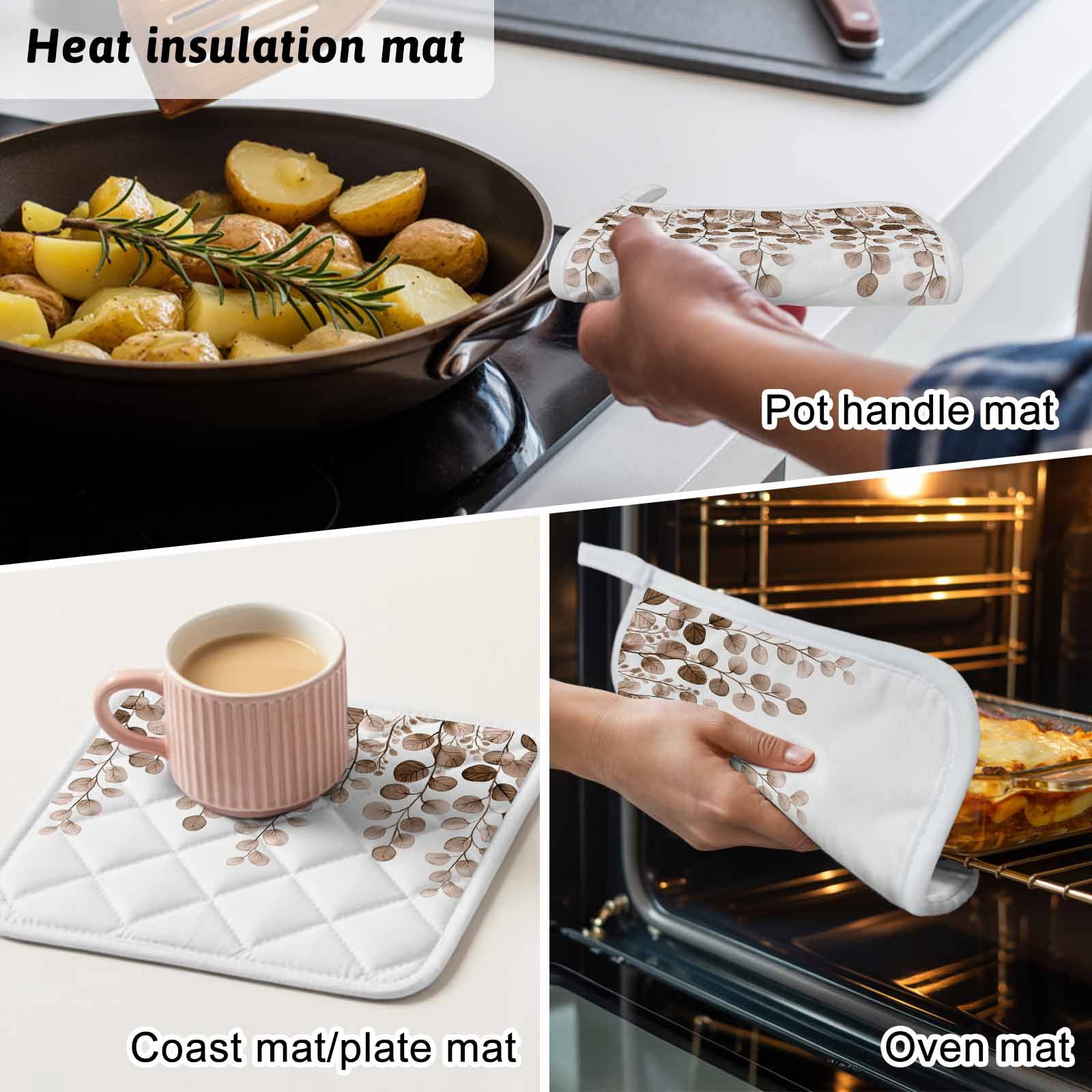 Brown Eucalyptus Leaves Pot Holders for Kitchen Heatproof Potholder, 2 Pack Watercolor Floral Leaf Plants Hot Pads Multipurpose Oven Pads Cloth Potholders Trivet for Cooking and Baking