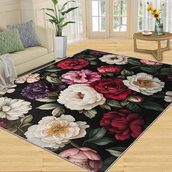 Dark Floral Rugs for Living Room - Peonies Rug, Moody Botanical Area Rugs, Black Background Washable Rug, Non Slip Soft Carpet 3 x 4ft