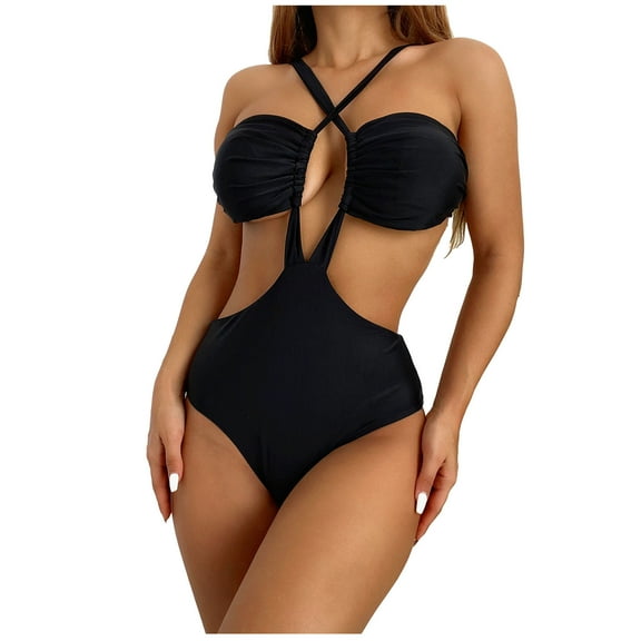 QLEICOM Womens Swimsuits Tummy Control Plus Size Swimsuit Coverup Bandage One-Piece Solid Color Bikini Push-Up Swimwear Swimsuit Beachwear Black S