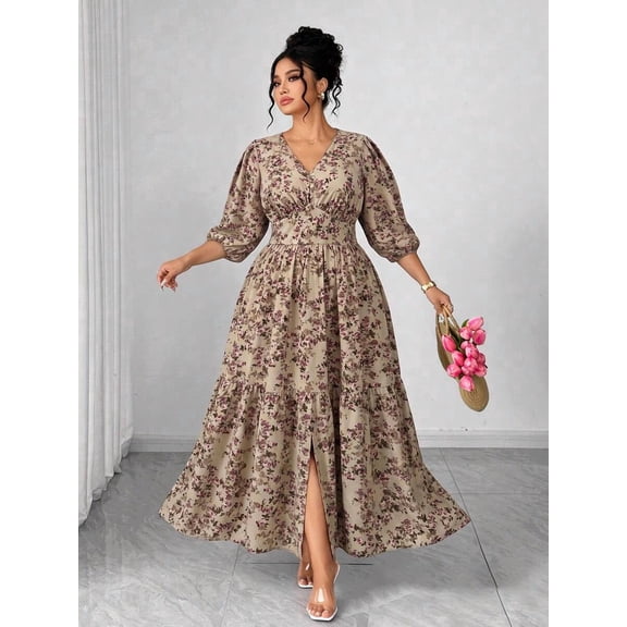 Coffee Brown Floral Print V-Neck Maxi Dress With Tiered Skirt, Side Slit And 3/4 Sleeves For Women