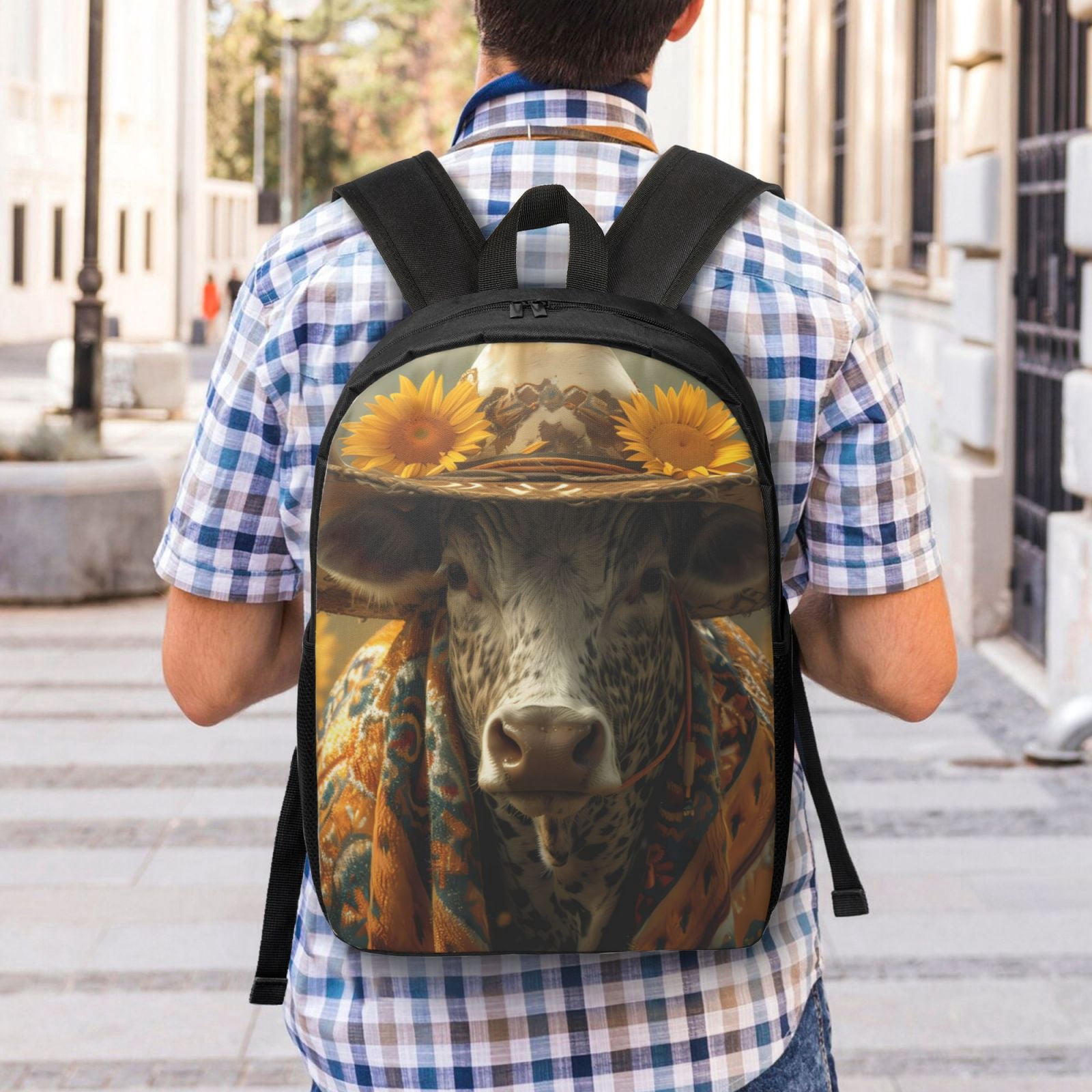 Xecao Sunflower Cowboy Hat Cow print Travel Backpack, Large Computer Backpack for Men Women, College School Rucksack Book Bag