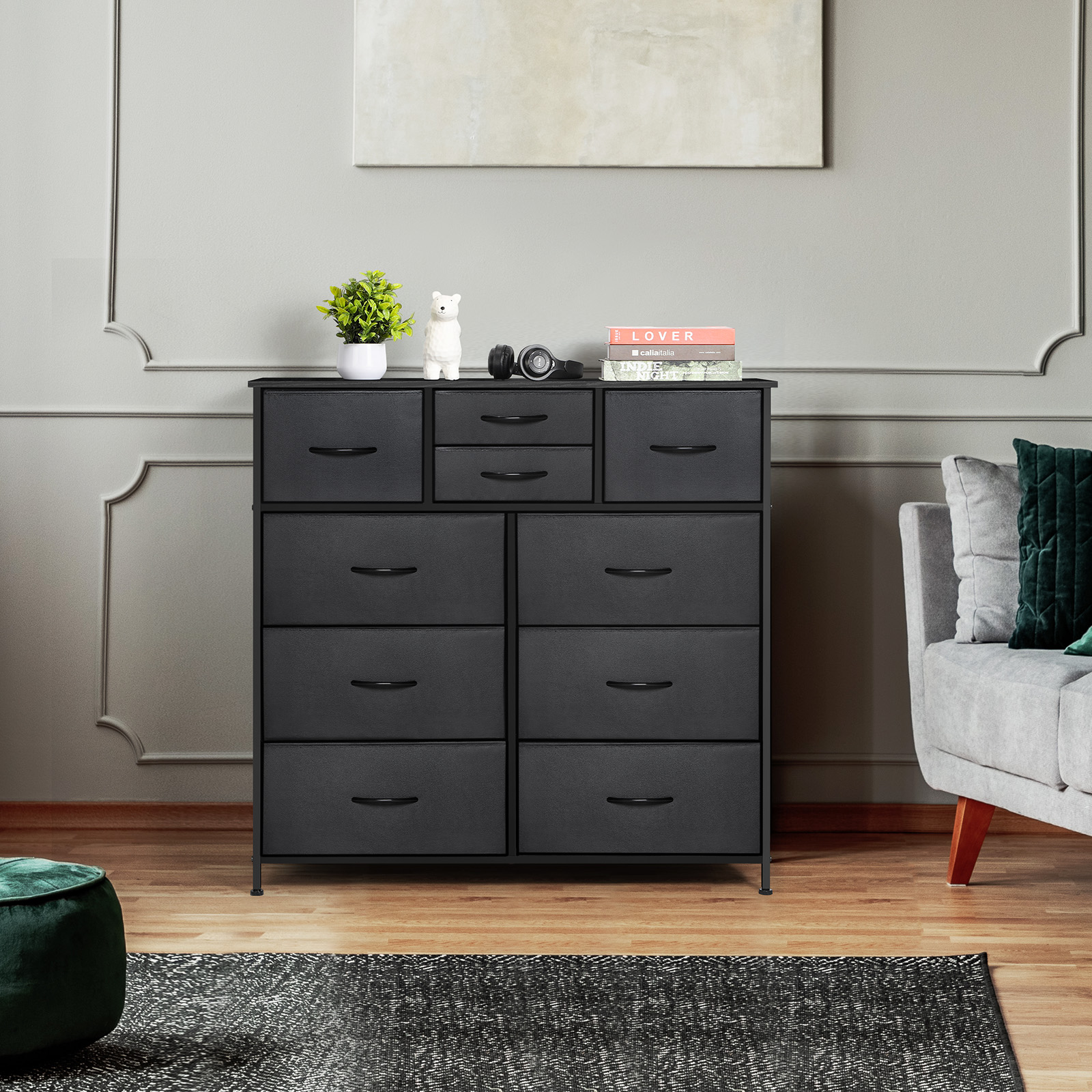 Oumilen Adult Dresser with 10 Non-Woven Drawers Small Chest of Drawers, Black