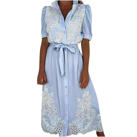 

Ziloco Women Casual Lace Short Sleeve Corset Bandage Printing Swing Dress rockabilly dresses for women Blue S