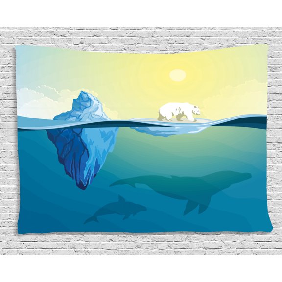 Polar Bear Tapestry, Polar Bear Standing on an Ice Floe Melting in Ocean with Swimming Whales Theme, Wall Hanging for Bedroom Living Room Dorm Decor, 80W X 60L Inches, Multicolor, by Ambesonne