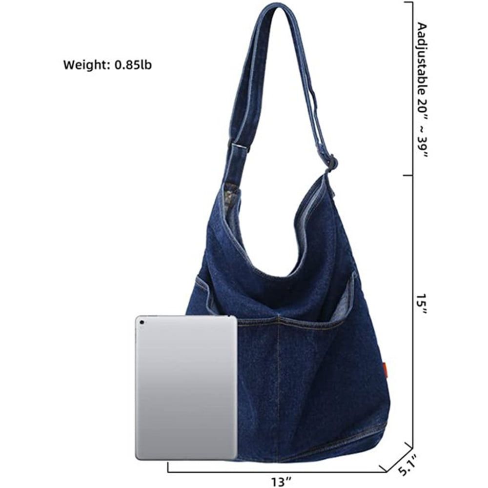 Large DENIM BAG with navy blue LEATHER and zipper - Stylish