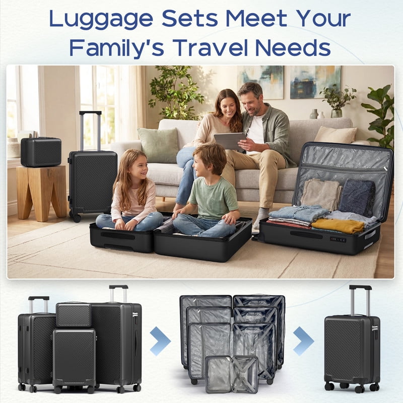 Luggage Sets 4 Piece Carry on Luggage with Spinner Wheels Hardshell Durable Suitcase with TSA Lock 14 20 24 28 inch Black