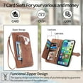 thumbnail image 5 of Dteck Case for iPhone 12/12 Pro,Magnetic Leather 7 Card Slots Zipper Wallet Case Shockproof Rubber Kickstand Cover with Wrist Strap, Brown, 5 of 7