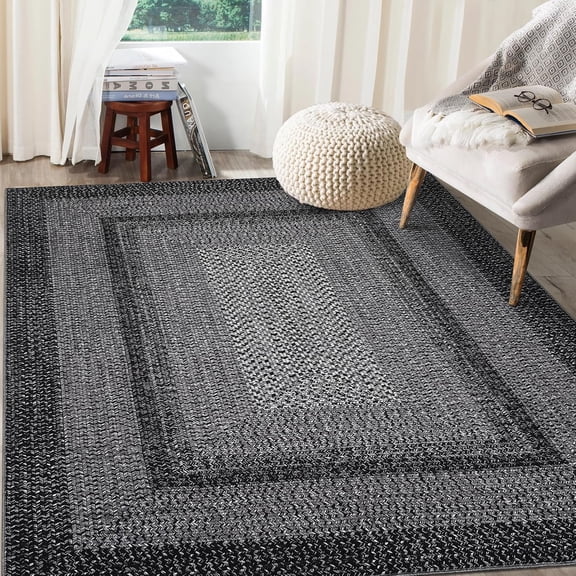 6x9 Modern Striped Area Rug, Non Slip Washable Low Pile Flat Woven Farmhouse Carpet for Living Room Bedroom,black