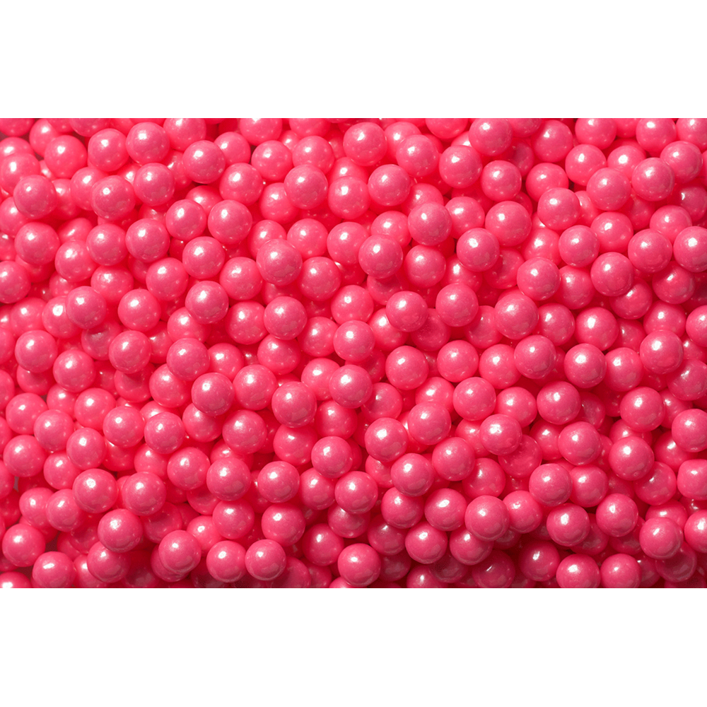 Shimmer Bright Pink Edible Candy Pearls 4 oz Packaged in a food approved heat sealed bag