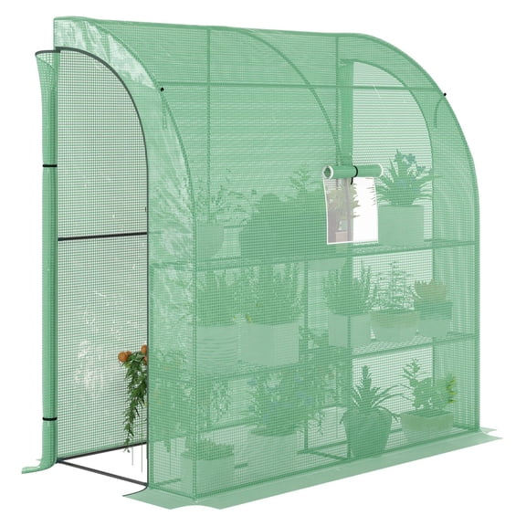 YYDSBNHH 7' x 3' x 7' Lean to Greenhouse, Walk-In Green House, Plant with 2 Roll-up Doors and Windows, PE Cover and 3 Wire Shelves, Green