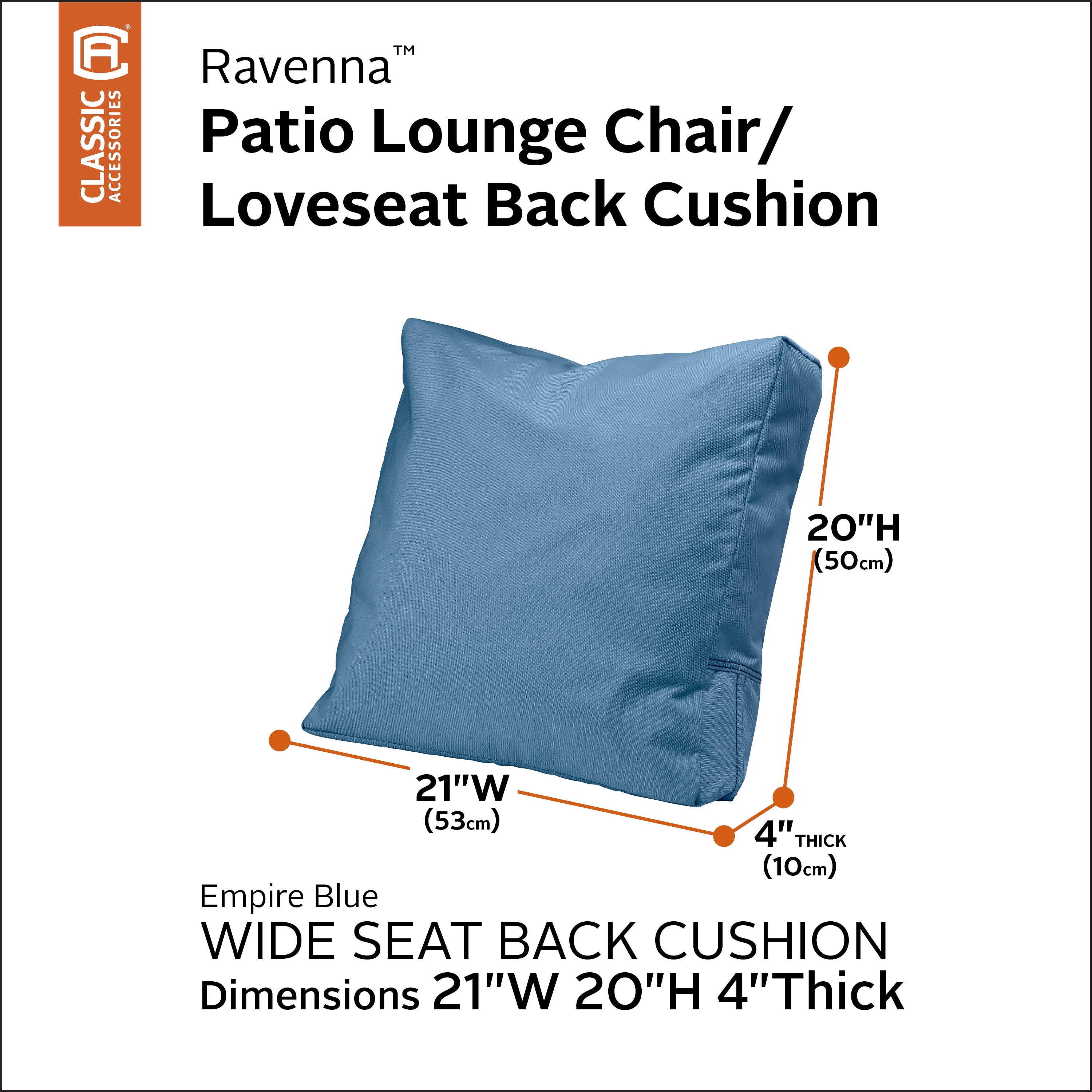 Classic Accessories Ravenna Water- Patio Lounge Chair/Loveseat Back Cushion, 21 x 20 x 4 Inch, Empire Blue