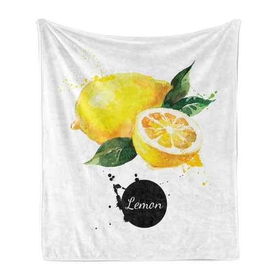 Fruit Soft Flannel Fleece Throw Blanket, Citrus Lemon with Watercolor Effect Vegan Ingredient Sour Food Sketch, Cozy Plush for Indoor and Outdoor Use, 70" x 90", Green Yellow and Black, by Ambesonne