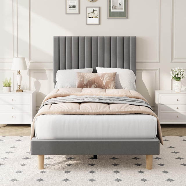 GloryStar Vertical Channel Tufted Velvet Bed Frame, Adjustable Headboard Platform Bed with Wooden Slats, No Box Spring Required